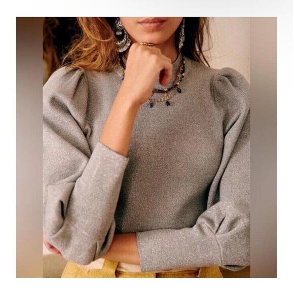 Sezane Metallic Silver Gray Jumper Sweater Mock Neck Keyhole Back Size XS